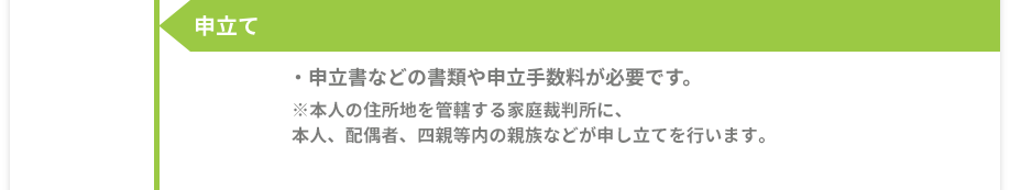 申立て -［申立書などの書類や申立手数料が必要です。］※本人の住所地を管轄する家庭裁判所に、本人、配偶者、四親等以内の親族などが申立てを行います。