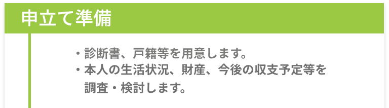 申立て準備 -［診断書、戸籍等を用意します。］［本人の生活状況、財産、今後の収支予定等を調査・検討します。］