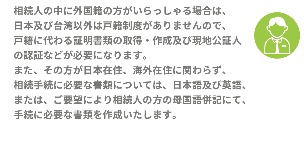 相続人の中に外国籍の方がいらっしゃる場合は、日本及び台湾以外は戸籍制度がありませんので、戸籍に代わる証明書類の取得・作成及び現地公証人の認証などが必要になります。また、その方が日本在住、海外在住に関わらず、相続手続に必要な書類については、日本語及び英語、または、ご要望により相続人の方の母国語併記にて、手続に必要な書類を作成いたします。